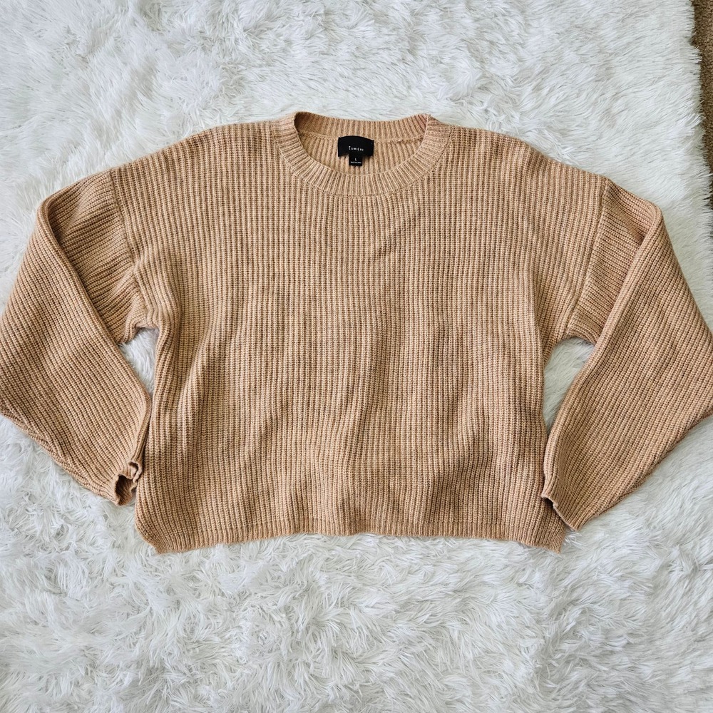 Lumiere Women's Beige Tie Back Ruffle Crewneck Long Sleeve Sweater. Size L‎